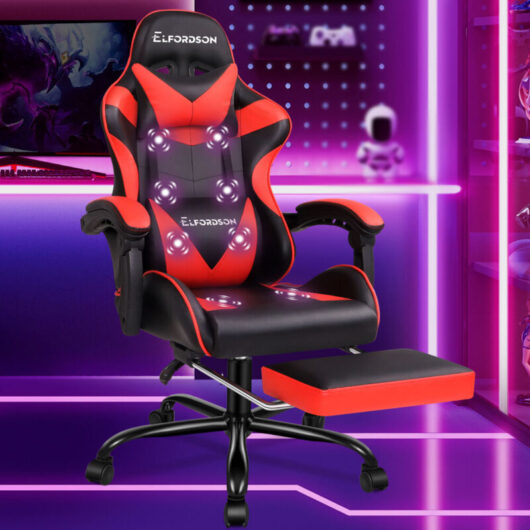 Elfordson - Massage Gaming Chair, Ergonomic Computer Office Chairs, Footrest, High Back 150° Reclining, pu Leather, Red