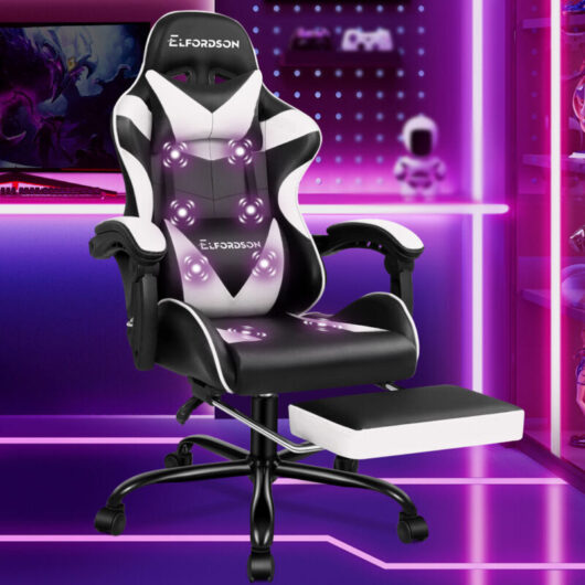 Elfordson - Massage Gaming Chair, Ergonomic Computer Office Chairs, Footrest, High Back 150° Reclining, pu Leather, White