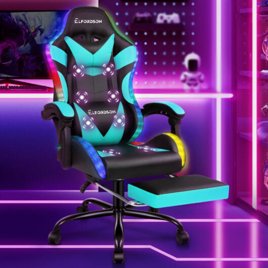 Elfordson - led Gaming Chair with 8-Point Massage, Ergonomic Computer Office Chairs, rgb Light, High Back, pu Leather, Cyan