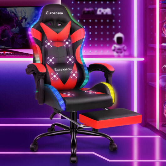 Elfordson - led Gaming Chair with 8-Point Massage, Ergonomic Computer Office Chairs, rgb Light, High Back, pu Leather, Red