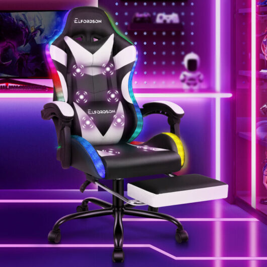 Elfordson - led Gaming Chair with 8-Point Massage, Ergonomic Computer Office Chairs, rgb Light, High Back, pu Leather, White