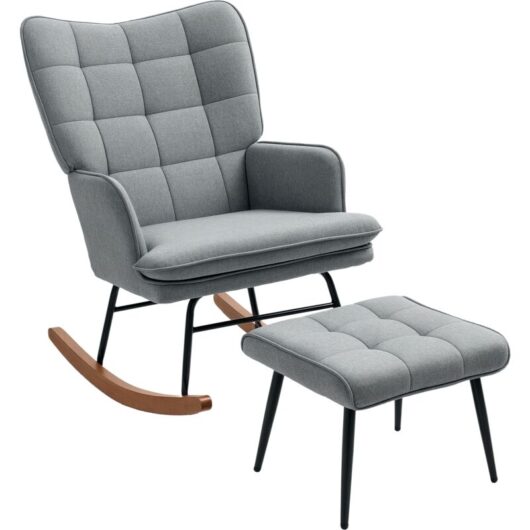 HOMCOM Rocking Chair with Footstool Fabric Wingback Chair for Bedroom Grey