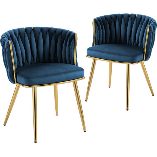 HOMCOM Upholstered Kitchen Chairs Set of 2 with Woven Backrest, Dark Blue