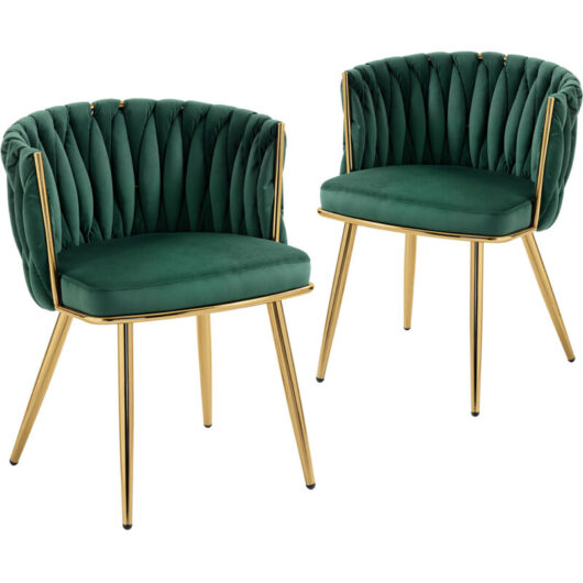 HOMCOM Upholstered Kitchen Chairs Set of 2 with Woven Backrest, Dark Green