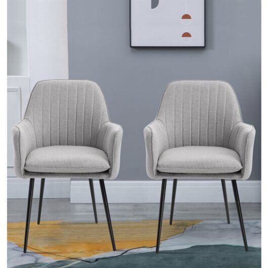 Hallowood Furniture Cullompton Dining Chairs Set of 2, Upholstered Light Grey Fabric Dining Chairs with Armrests and Sturdy Black Metal Legs for