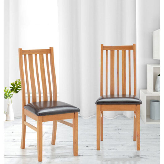 Hallowood Furniture - Oak Dining Chairs Set of 2 with Bonded Leather Seat Pad, Stylish Solid Wooden Light Oak Kitchen Dining Room Chairs in Dark