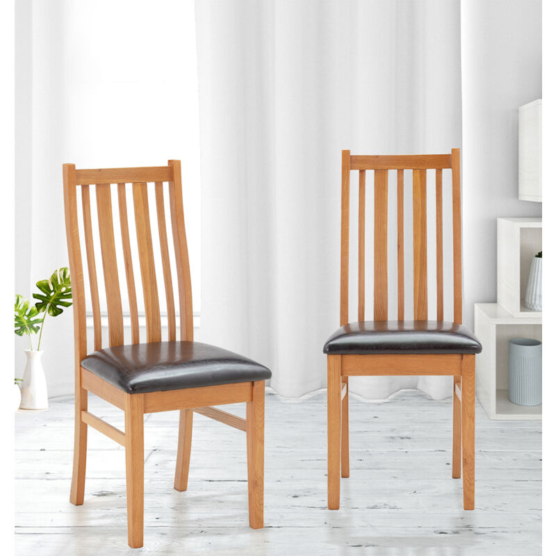 Hallowood Furniture - Oak Dining Chairs Set of 2 with Bonded Leather Seat Pad, Stylish Solid Wooden Light Oak Kitchen Dining Room Chairs in Dark