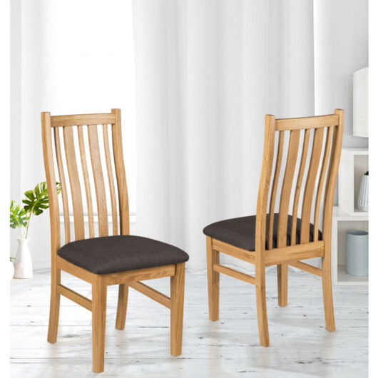 Hallowood Furniture Oak Dining Chairs Set of 2 with Linen Fabric Seat Pad, Stylish Solid Wooden Light Oak Kitchen Dining Room Chairs in Charcoal Grey