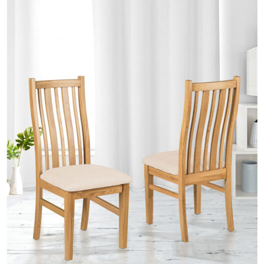 Hallowood Furniture - Oak Dining Chairs Set of 2 with Linen Fabric Seat Pad, Stylish Solid Wooden Light Oak Kitchen Dining Room Chairs in Natural