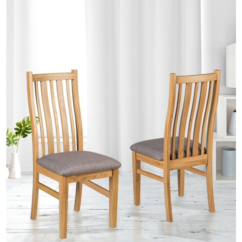 Hallowood Furniture - Oak Dining Chairs Set of 2 with Linen Fabric Seat Pad, Stylish Solid Wooden Light Oak Kitchen Dining Room Chairs in Steel Grey