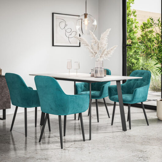 Haydon Extending Dining Table + Chairs- White Marble Effect Table Top w Black Legs + Anika Velvet Dining Chair Set Of 6 (Blue)