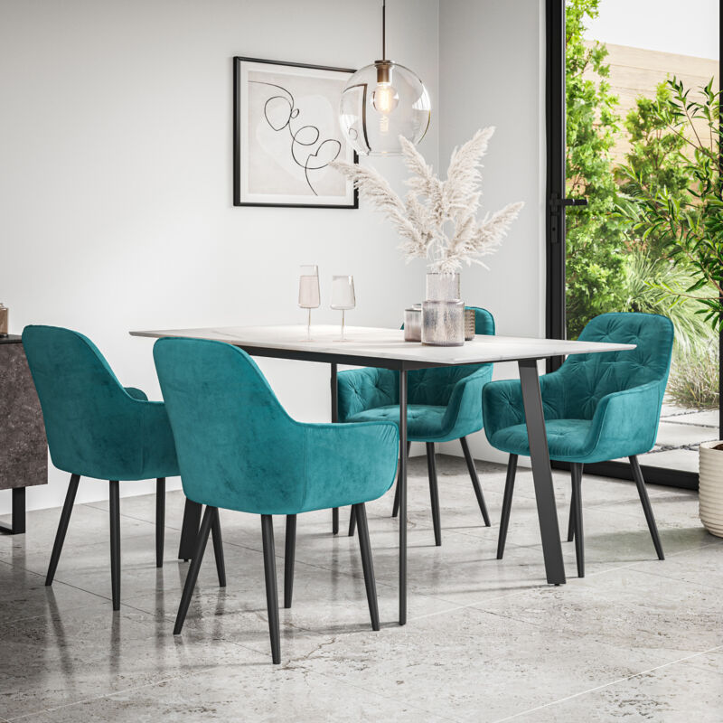 Haydon Extending Dining Table + Chairs- White Marble Effect Table Top w Black Legs + Anika Velvet Dining Chair Set Of 6 (Blue)
