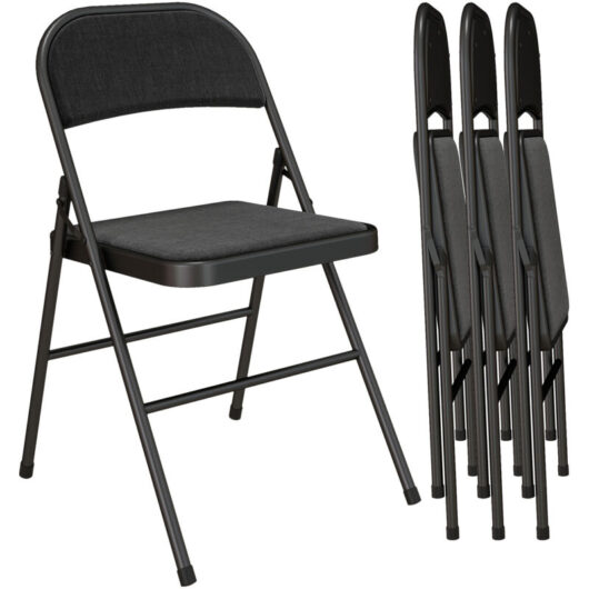 Homcom - 4 Pack Linen-Look Padded Folding Chairs with Cushioned Seat Black