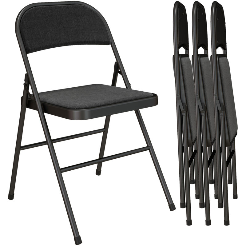 Homcom - 4 Pack Linen-Look Padded Folding Chairs with Cushioned Seat Black