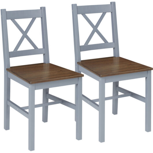 Homcom - Pine Wood Dining Chairs Set of 2 with Cross Back for Living Room, Kitchen Grey