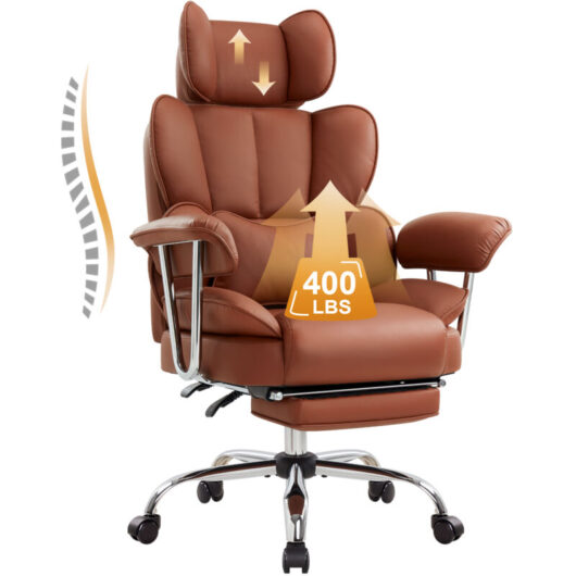 IWMH office chair with high backrest and lumbar cushion, ergonomic executive chair with extendable footrest, height-adjustable swivel chair - PU