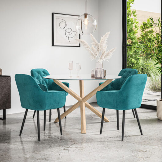 Malvern Round Dining Table And Chairs - Clear Glass Table Top w Solid Oak Legs + Anika Velvet Dining Chair Set Of 4 (Blue)