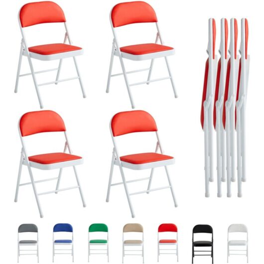 Mcc Direct - Set of 4 Faux Leather Foldable Chair with Metal Frame and Padded Seat red