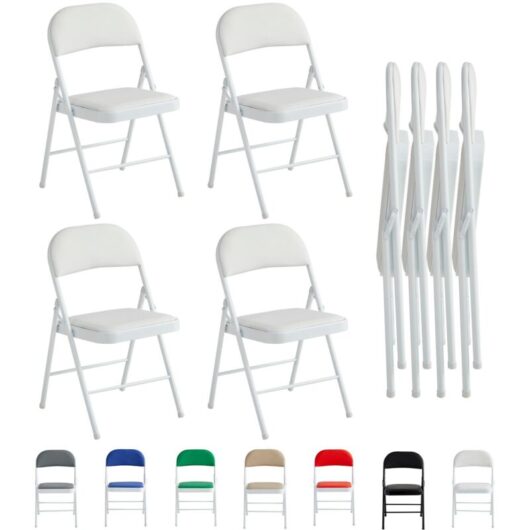 Mcc Direct - Set of 4 Faux Leather Foldable Chair with Metal Frame and Padded Seat white