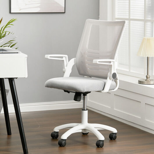 Mesh Office Chair Ergonomic Design with White Flip up Armrests, Grey