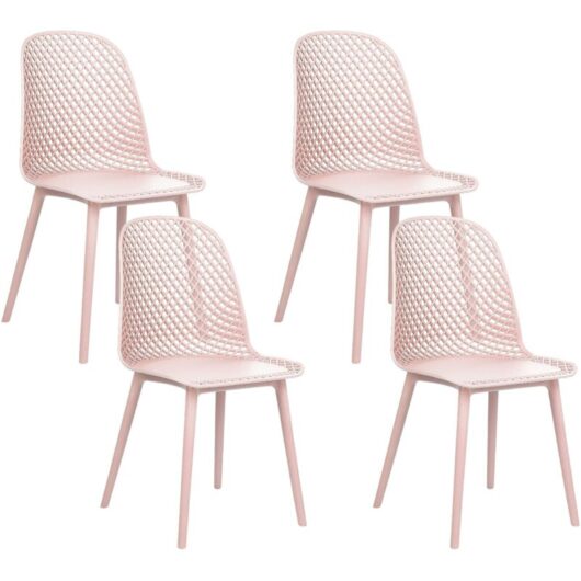 Minimalist Modern Set of 4 Dining Chairs Light Pastel Pink Synthetic Seat Legs Net Open Design Back Emory