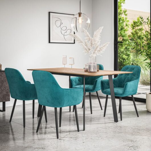 More4homes - Haydon Extending Dining Table And Chairs - Oak Effect Table Top w Black Legs + Anika Velvet Dining Chair Set Of 4 (Blue)