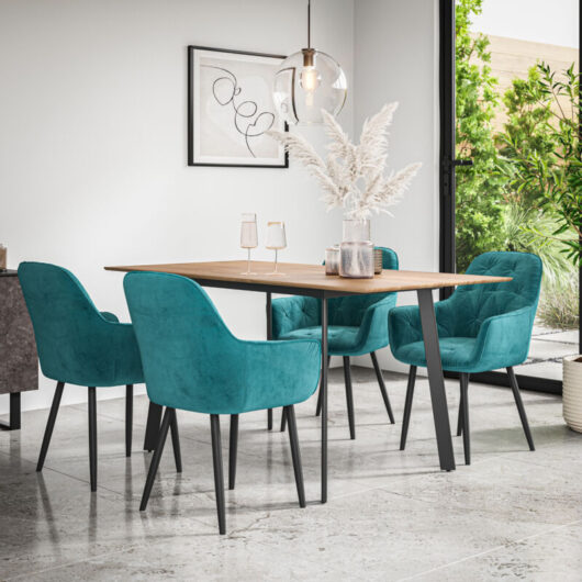 More4homes - Haydon Extending Dining Table And Chairs - Oak Effect Table Top w Black Legs + Anika Velvet Dining Chair Set Of 6 (Blue)