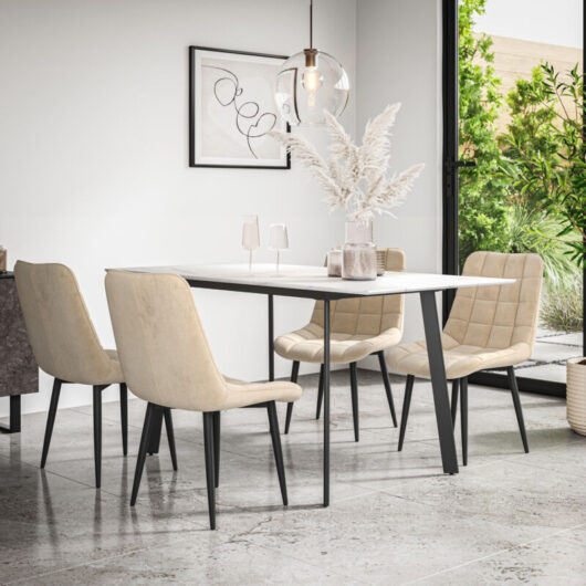 More4homes - Haydon Extending Dining Table + Chairs- White Marble Effect Table Top w Black Legs + Nova Velvet Dining Chair Set Of 4 (Beige)