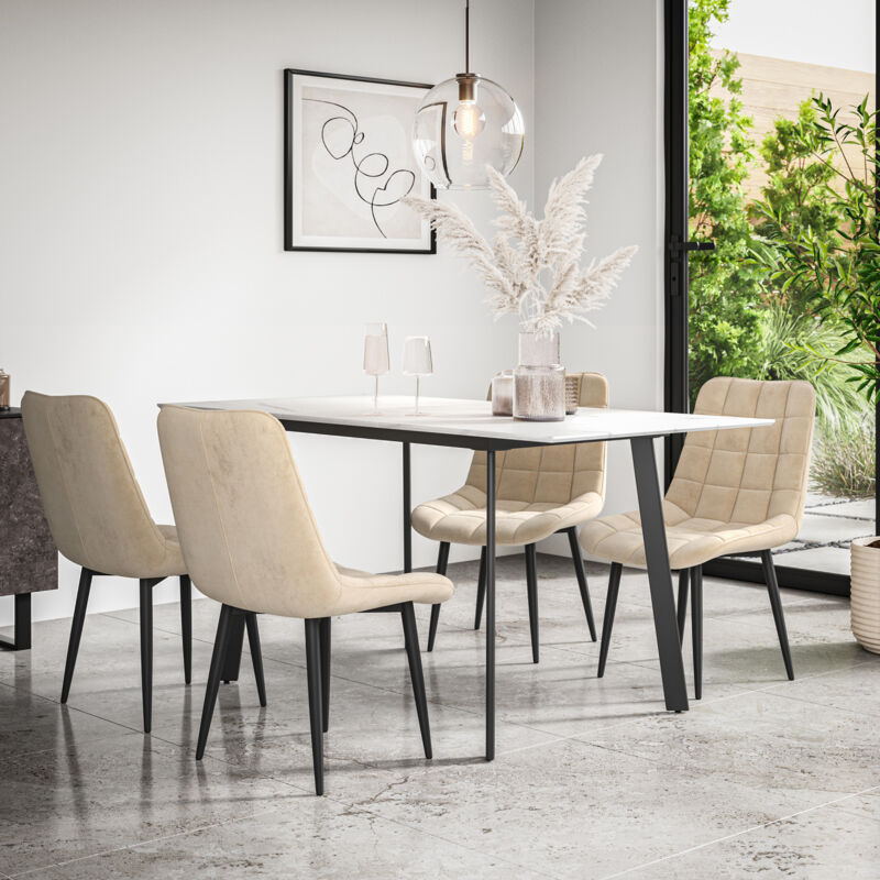 More4homes - Haydon Extending Dining Table + Chairs- White Marble Effect Table Top w Black Legs + Nova Velvet Dining Chair Set Of 4 (Beige)