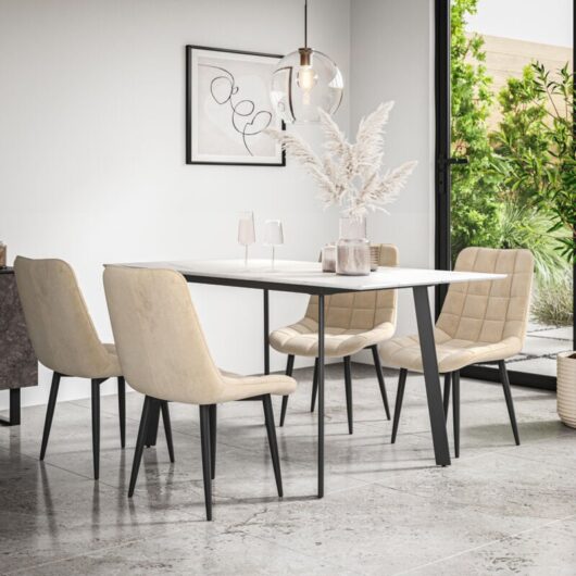 More4homes - Haydon Extending Dining Table + Chairs- White Marble Effect Table Top w Black Legs + Nova Velvet Dining Chair Set Of 6 (Beige)