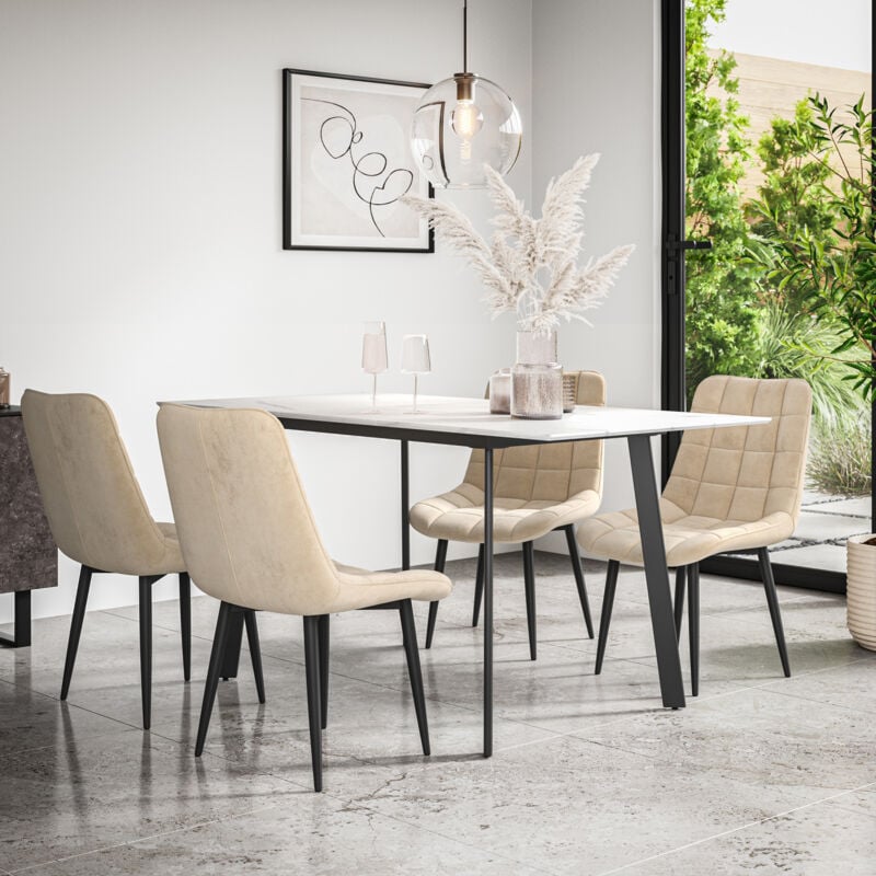 More4homes - Haydon Extending Dining Table + Chairs- White Marble Effect Table Top w Black Legs + Nova Velvet Dining Chair Set Of 6 (Beige)