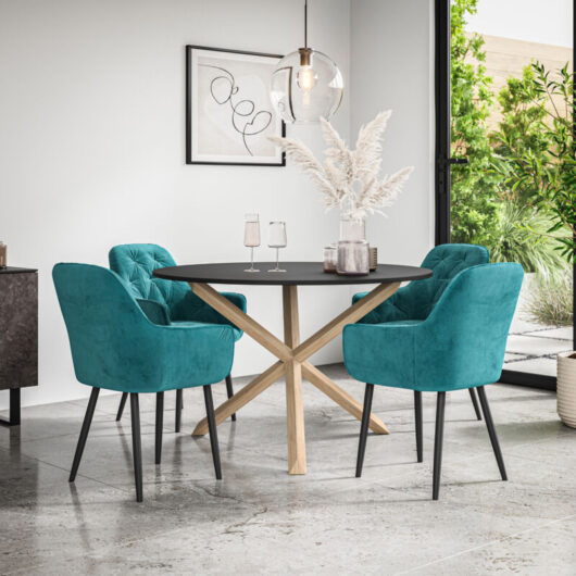 More4homes - Malvern Round Dining Table And Chairs - Black Table Top w Solid Oak Legs + Anika Velvet Dining Chair Set Of 4 (Blue)