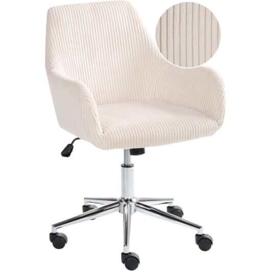Office Chair Light Beige Corduroy Seat and Backrest Swivel Desk Computer Adjustable Height Modern Home Office WELLSTON