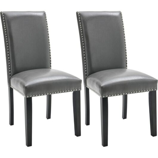 PADMA HOUSE Parsons Dinning Chairs with Nail-Heads Trim, Faux Leather Kitchen Accent Side Upholstered Seat, Solid Wood Legs (Grey, Set of 2)