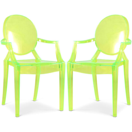 Pack of 2 Transparent Dining Chairs - Armrest Design - Louis XIV Green transparent
