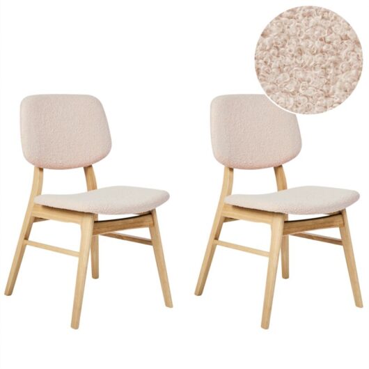 Retro Set of 2 Dining Chairs Armless Light Beige Boucle Fabric Seat Light Solid Wood Frame Elaine