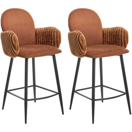Set of 2 Bar Chairs Brown Fabric Upholstery With Velvet Armrests Retro AMITY