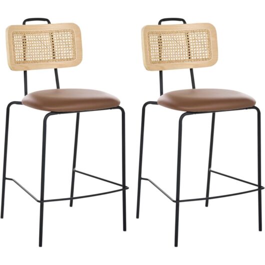 Set of 2 Bar Chairs Brown Faux Leather Seat PE Rattan Back Iron Legs Armless Protective Caps Modern Boho Design ADEL