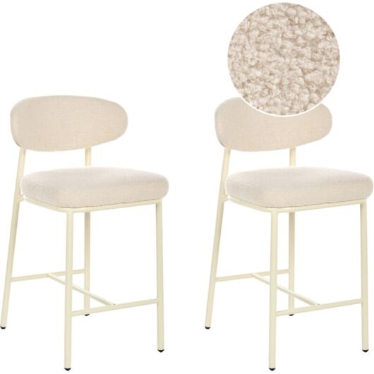 Set of 2 Bar Chairs Light Beige Boucle Armless Iron Legs Protective Caps Retro Design Dining Room Seating UNITY