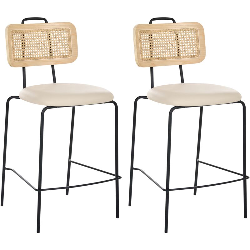 Set of 2 Bar Chairs Light Beige Faux Leather Seat PE Rattan Back Iron Legs Armless Protective Caps Modern Boho Design ADEL
