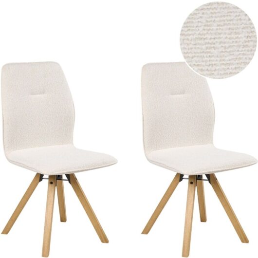 Set of 2 Boucle Swivel Dining Chairs Off-White Fabric Upholstery Metal Rotating Wooden Legs Base ALKALI