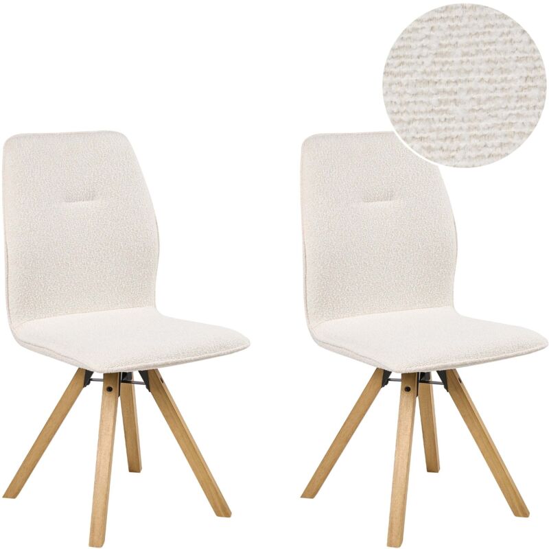 Set of 2 Boucle Swivel Dining Chairs Off-White Fabric Upholstery Metal Rotating Wooden Legs Base ALKALI