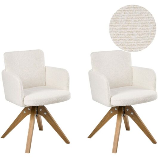 Set of 2 Boucle Swivel Dining Chairs Off-White Fabric Upholstery Metal Rotating Wooden Legs Base EVELYN