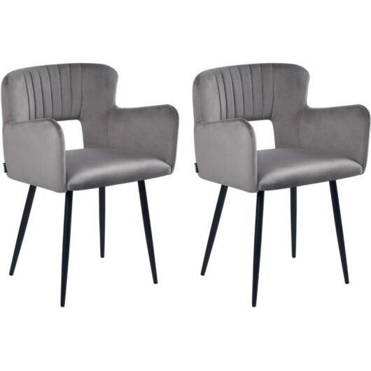 Set of 2 Chairs Dining Chair Grey Velvet with Armrests Cut-Out Backrest Black Metal Legs SANILAC