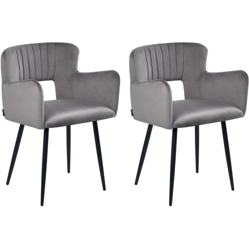 Set of 2 Chairs Dining Chair Grey Velvet with Armrests Cut-Out Backrest Black Metal Legs SANILAC