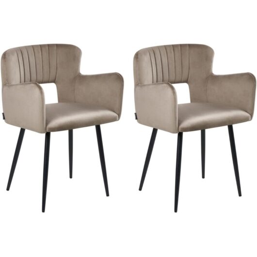 Set of 2 Chairs Dining Chair Taupe Velvet with Armrests Cut-Out Backrest Black Metal Legs SANILAC