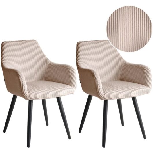 Set of 2 Corduroy Dining Accent Chairs Beige Velvet Upholstery with Armrests Metal Base Modern Design MORI