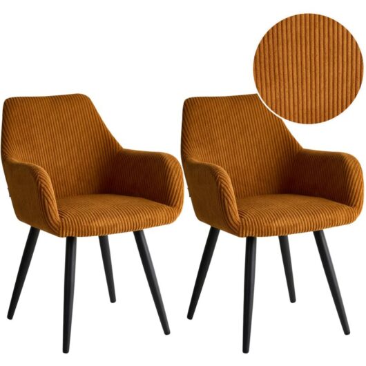 Set of 2 Corduroy Dining Accent Chairs Orange Velvet Upholstery with Armrests Metal Base Modern Design MORI