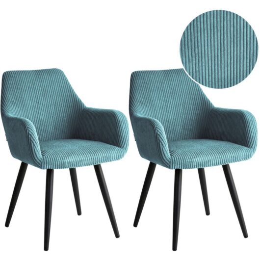 Set of 2 Corduroy Dining Accent Chairs Turquoise Velvet Upholstery with Armrests Metal Base Modern Design MORI