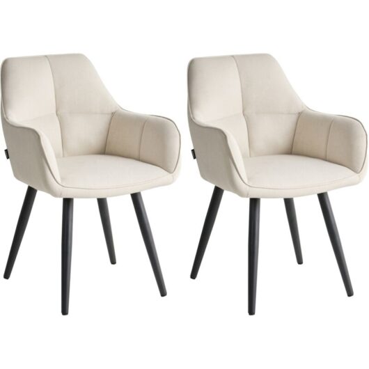 Set of 2 Dining Accent Chairs Light Beige Faux Linen Upholstery with Armrests Metal Base Modern Design TIRANO